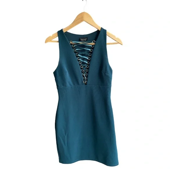 TopShop Old Money Blue BodyCon Dress W/ Deep V (6) - Picture 10 of 11